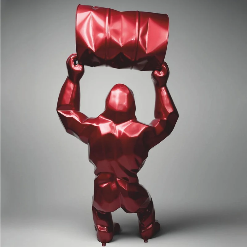 Casa Padrino XXL Garten Deko Skulptur Gorilla mit Fass Metallic Rot H. 250 cm - Große Garten Figur - XXL Tierfigur