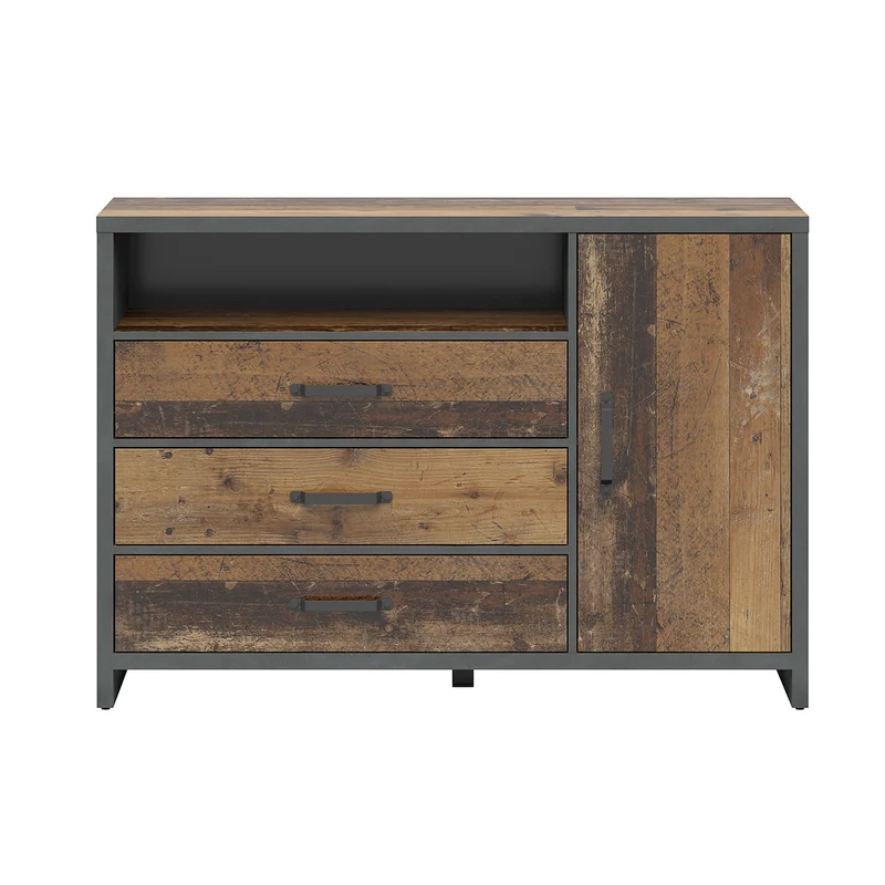 Buffet 1 porte 3 tiroirs Paul Bois et Gris anthracite