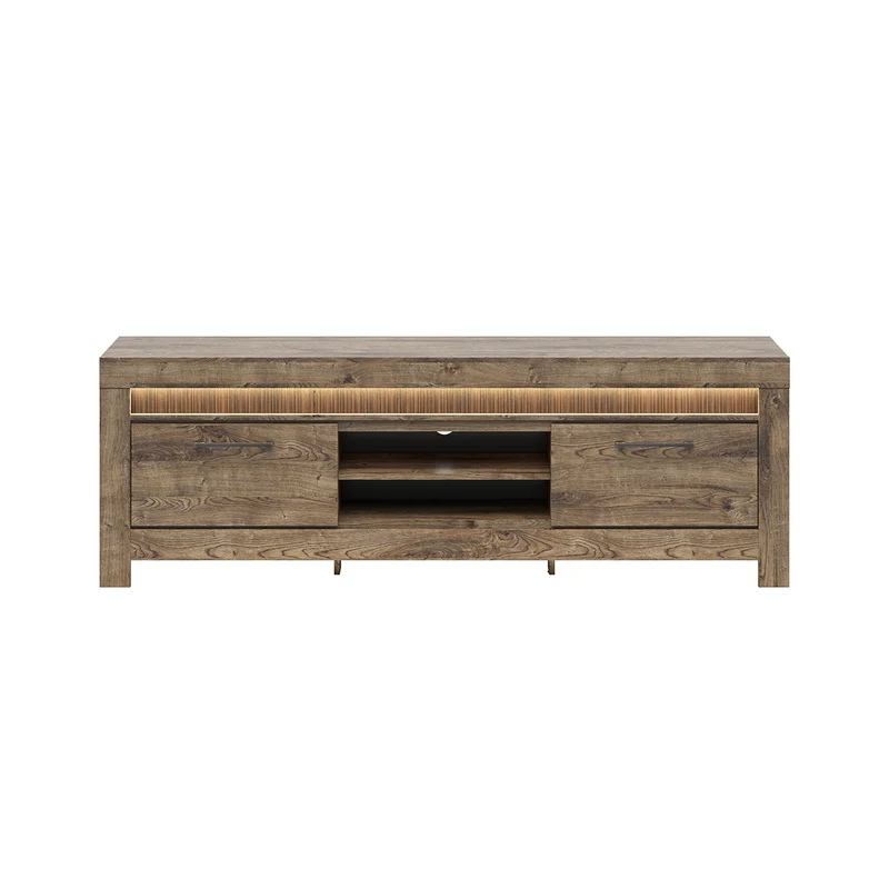 Meuble TV 2 portes 2 niches 180 cm LED inclus Amaury Bois
