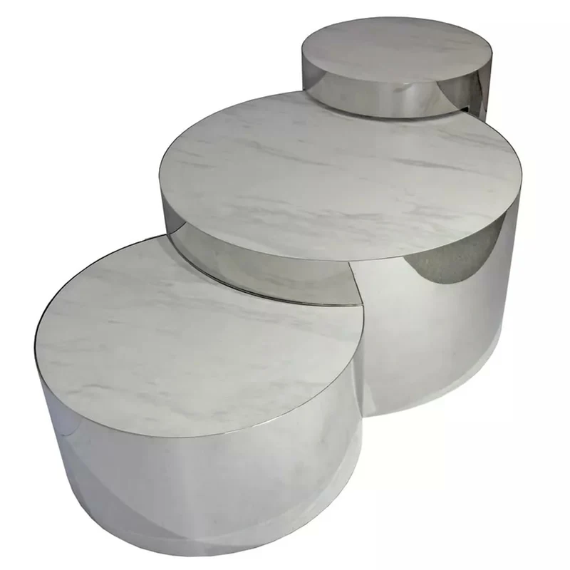 Casa Padrino Luxus Couchtisch Set Silber / Weiß 130 x 80 x H. 50 cm - 3 Runde Wohnzimmertische mit Porzellanplatten