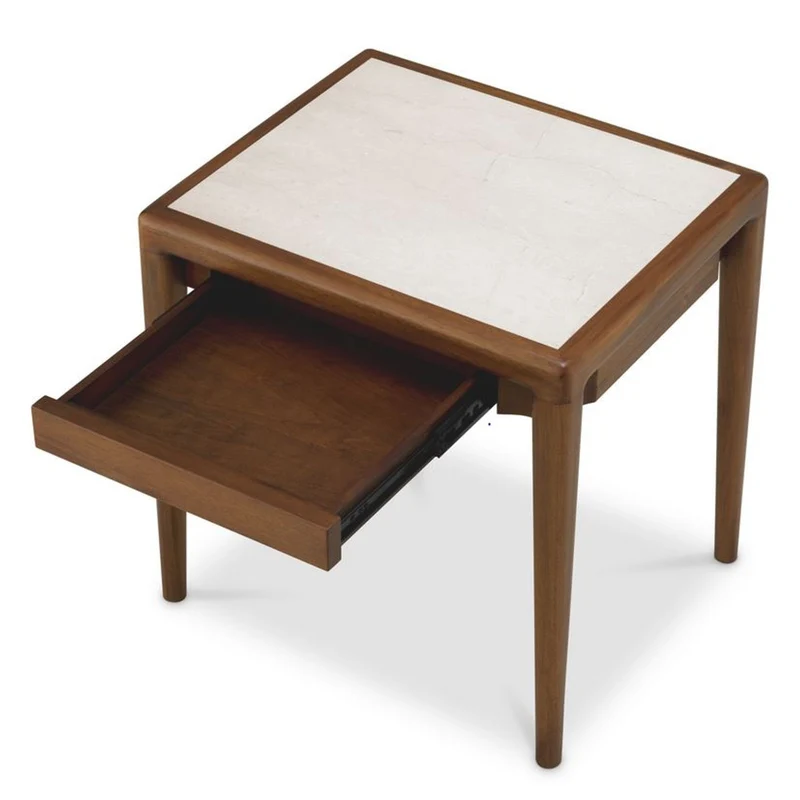 Casa Padrino Luxus Mahagoni Beistelltisch mit Marmorplatte und Schublade Braun / Beige