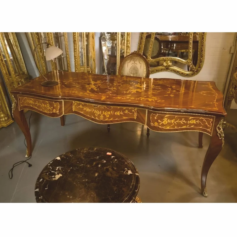 Casa Padrino Barock Schreibtisch mit 3 Schubladen Braun Intarsien 200 cm - Barock Büro Möbel - Prunkvolle Barockstil Möbel