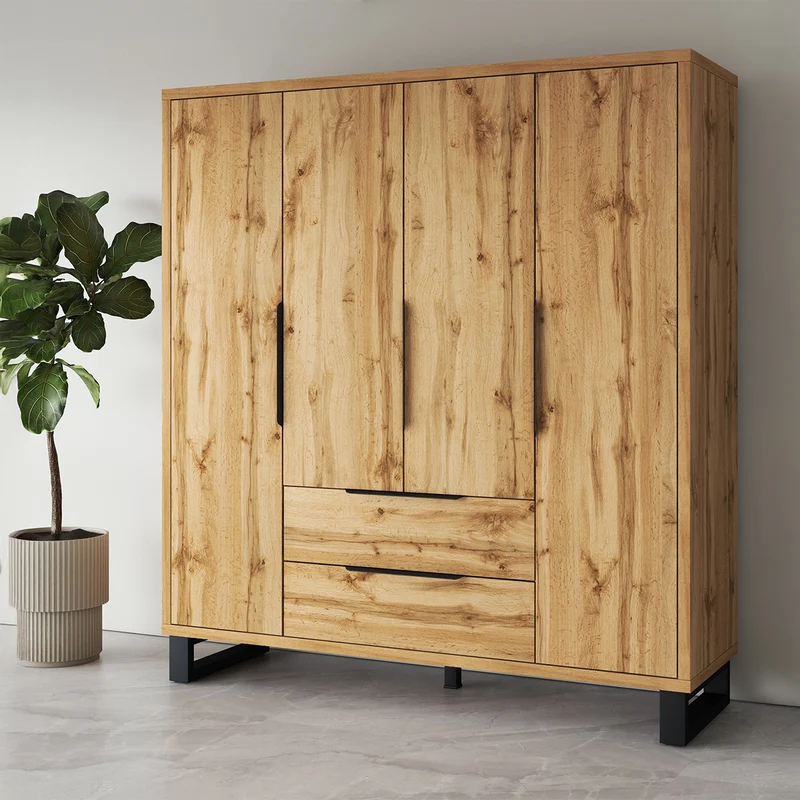 Armoire 4 portes 2 tiroirs Eden Bois et Noir