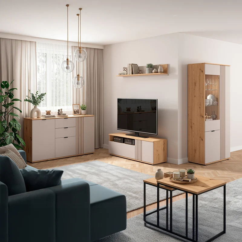 Meuble TV 1 porte 1 tiroir 135 cm Ezra Cachemire et Bois
