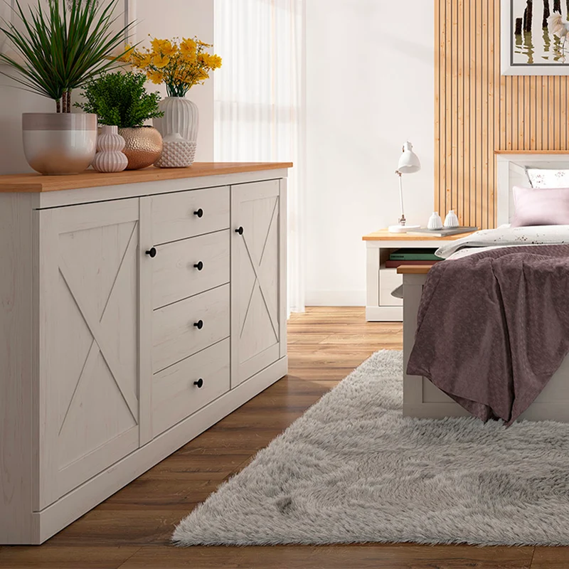 Buffet 2 portes 4 tiroirs Victoria Blanc et Bois