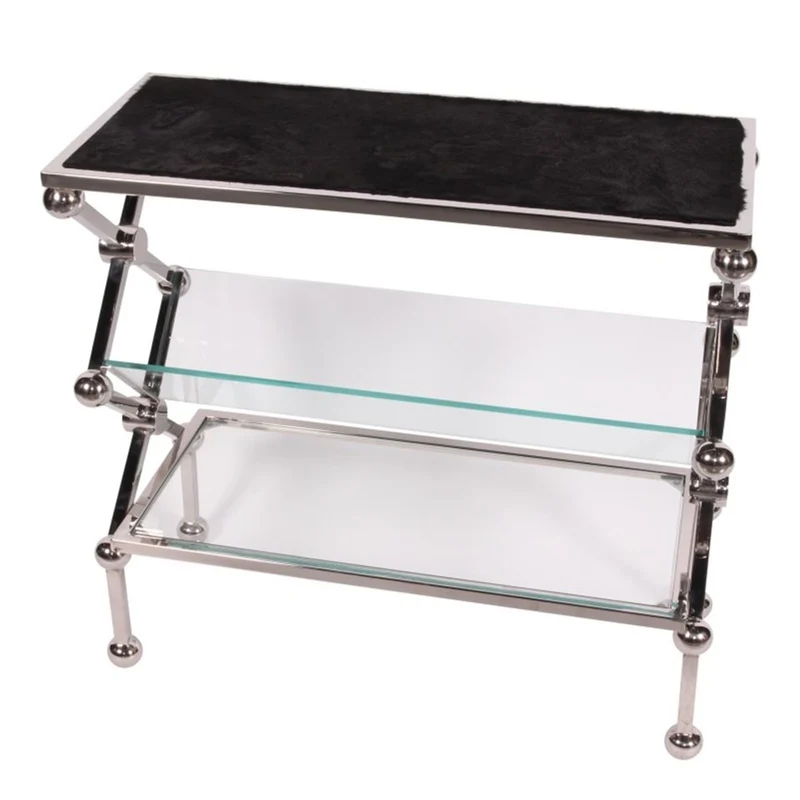 Casa Padrino Luxus Konsolentisch mit Fellauflage Silber / Schwarz 82 x 34 x H. 76 cm - Beistelltisch mit 2 Glasablagen