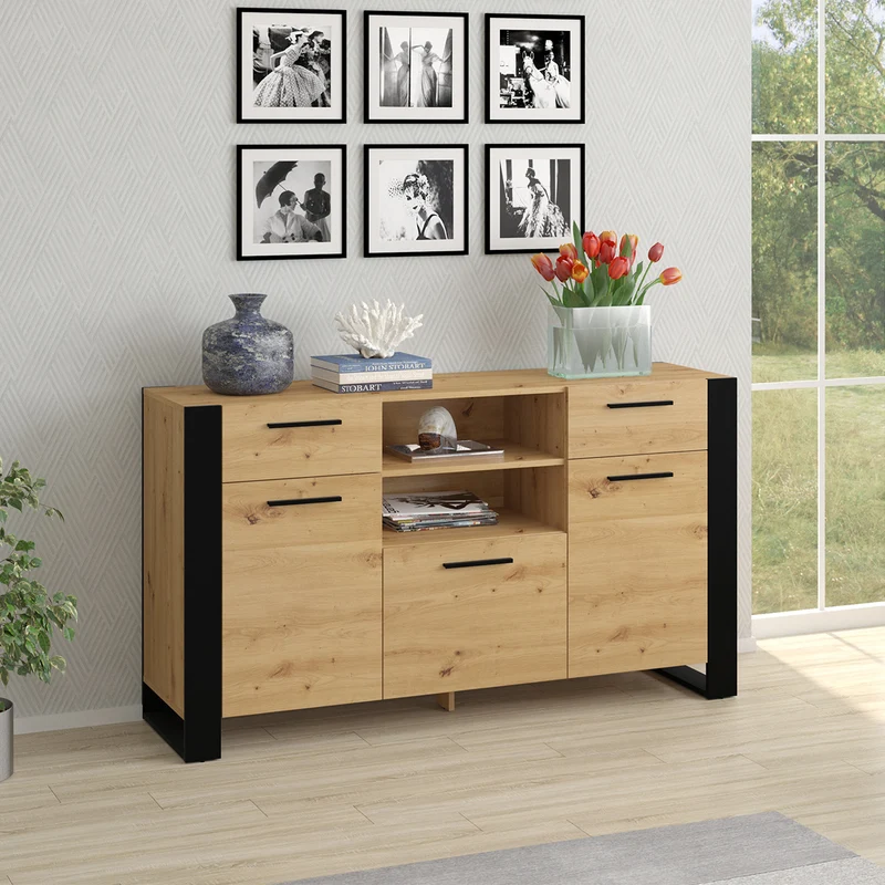 Buffet 3 portes 2 tiroirs Nouka Bois et Noir