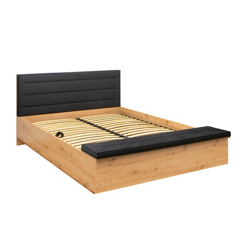 Lit coffre 160x200 avec banc et sommier inclus Glenn Bois et Noir