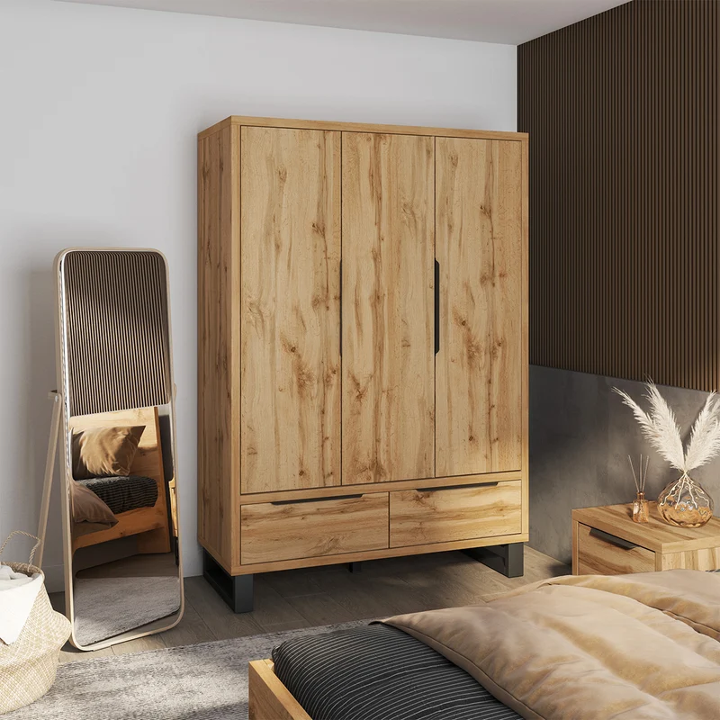 Armoire 3 portes 2 tiroirs Eden Bois et Noir
