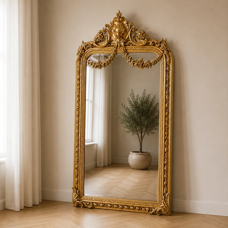 Casa Padrino Barock Standspiegel Gold 115 x H. 220 cm - mit Blumenkorb Bekrönung - Handgefertigter Antik Stil Ganzkörperspiegel - Garderoben Spiegel - Schlafzimmer Spiegel - Barock Möbel