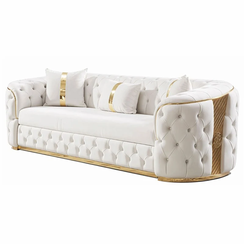 Casa Padrino Luxus Chesterfield Schlafsofa Weiß / Gold 230 cm - Wohnzimmer Möbel