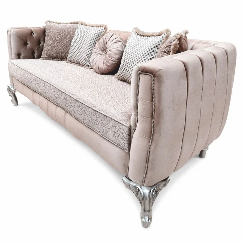 Casa Padrino Luxus Barock Wohnzimmer Sofa Rosa / Silber 235 cm - Prunkvolles Barockstil Sofa mit Kissen - Barock Wohnzimmer Möbel