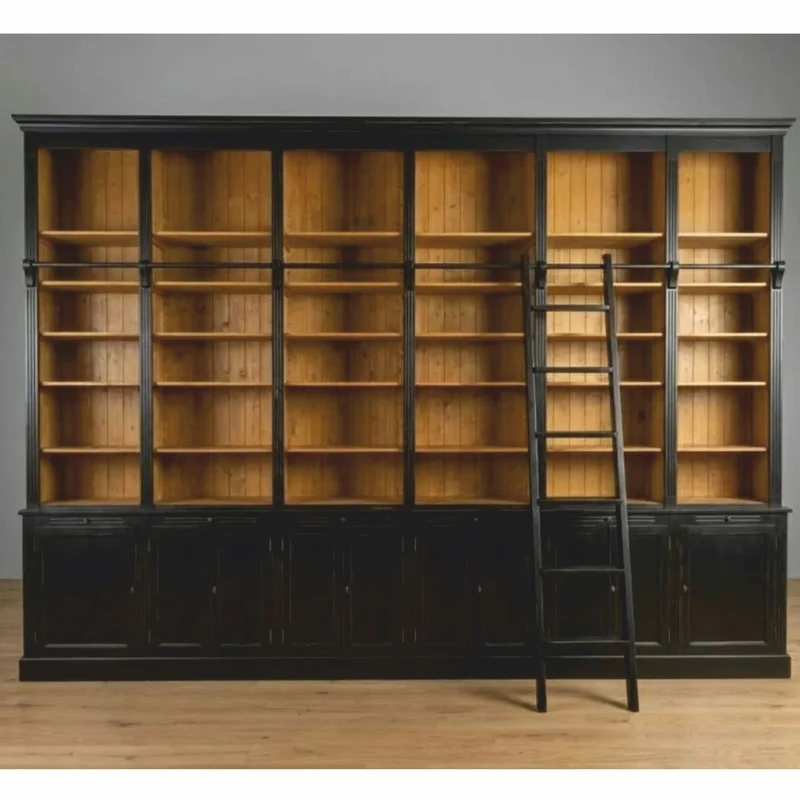 Casa Padrino Landhausstil Bücherschrank mit Leiter Antik Schwarz / Naturfarben 500 cm