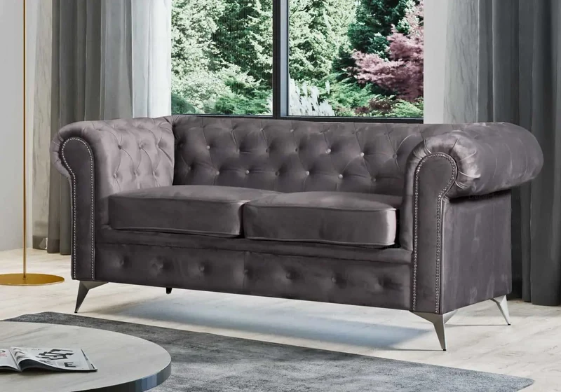 Canapé Chesterfield velours anthracite - Hugo