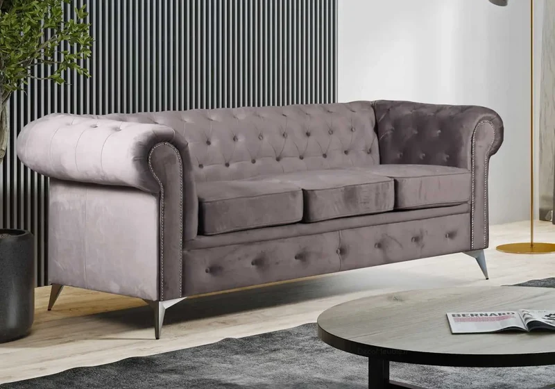 Canapé Chesterfield velours gris - Hugo