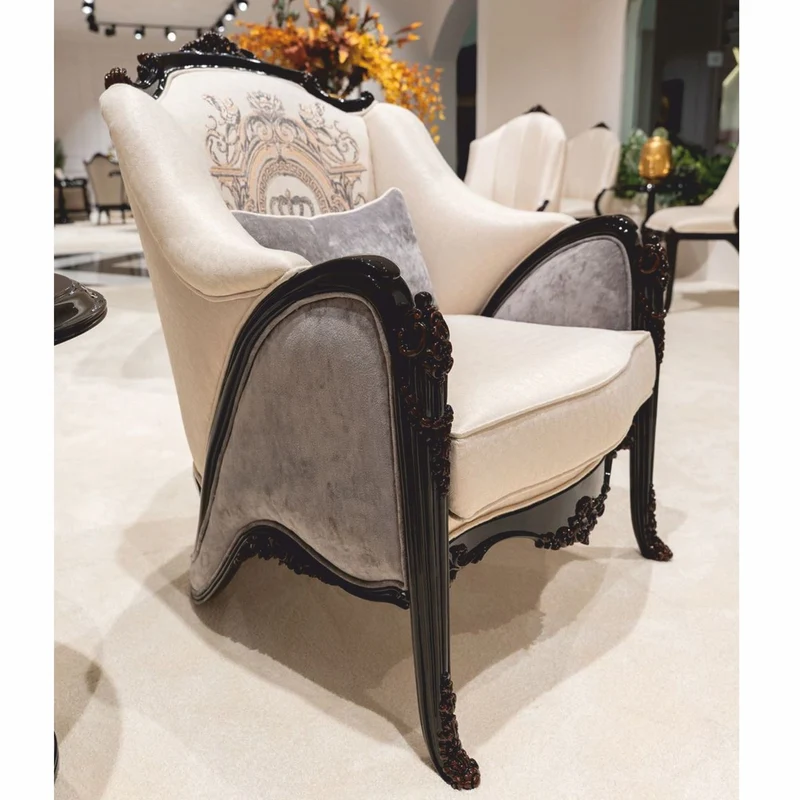 Casa Padrino Luxus Barock Sessel Creme / Grau / Dunkelbraun 95 cm - Barock Wohnzimmer & Hotel Sessel - Prunkvolle Barock Möbel