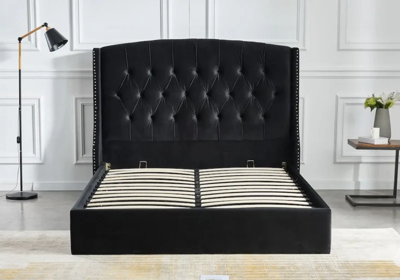 Lit coffre capitonné velours noir - Gina