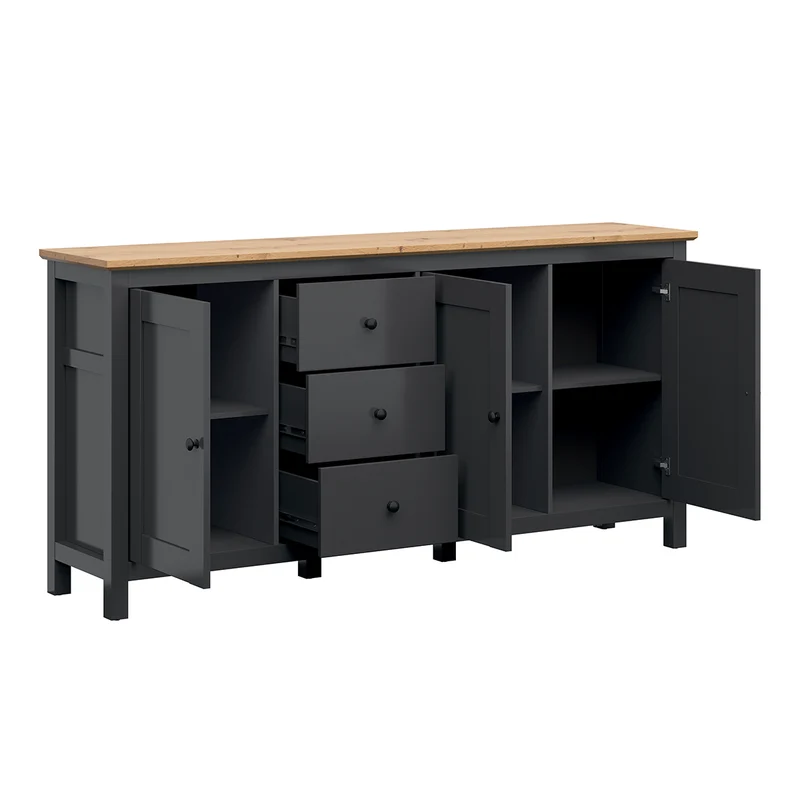 Buffet 3 portes 3 tiroirs Duck Gris anthracite et Bois