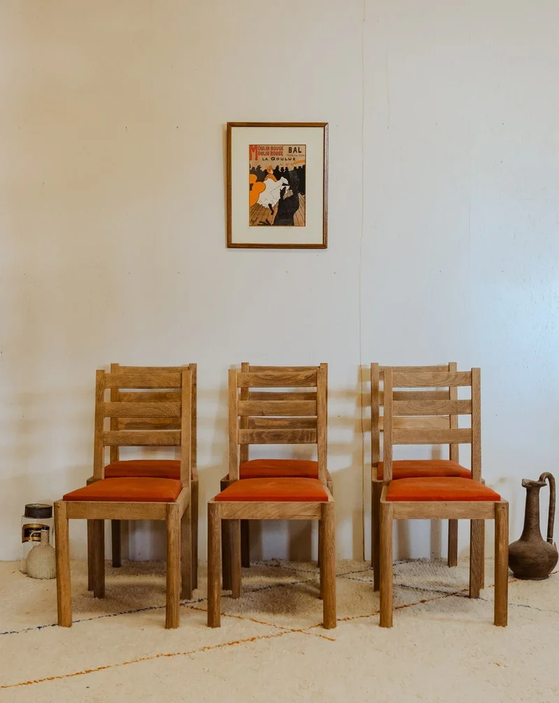 Claude, le lot de 6 chaises en chêne et tissu orange N°1168