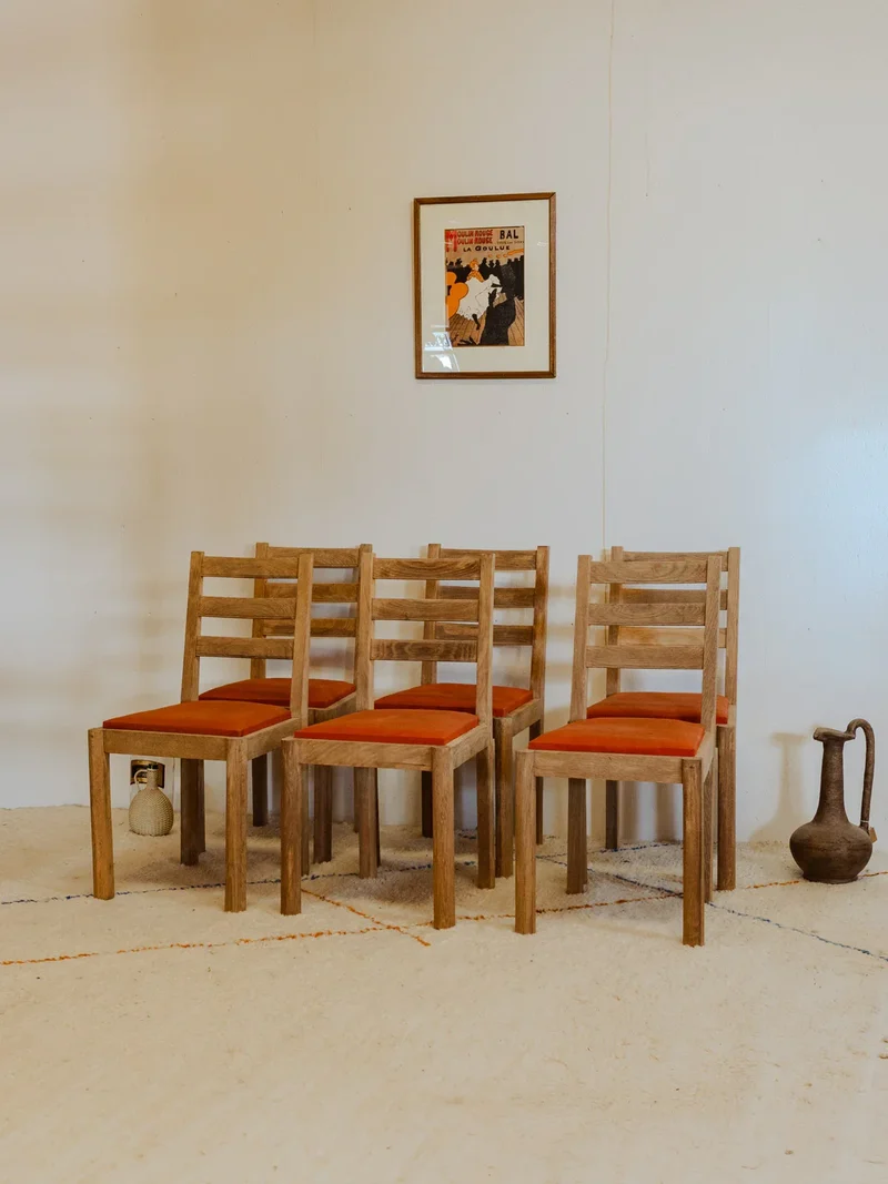 Claude, le lot de 6 chaises en chêne et tissu orange N°1168