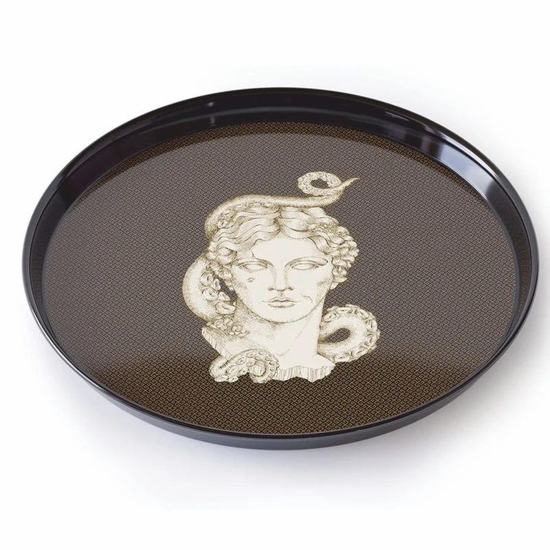 Casa Padrino Luxus Serviertablett Schwarz / Gold / Weiß / Braun Ø 40 cm - Rundes Metall Tablett - Gastronomie Accessoires - Handbemalt in Italien