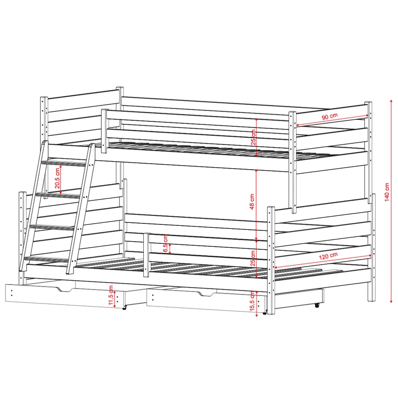 Lit superposé 90-120x200 sommiers et tiroirs inclus Léo Blanc