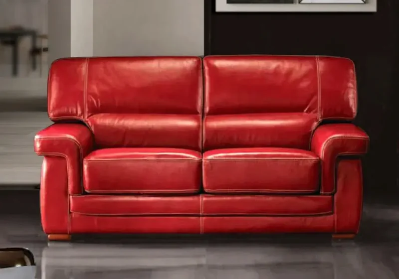 Canapé droit fixe en cuir rouge avec surpiqûres - Leia