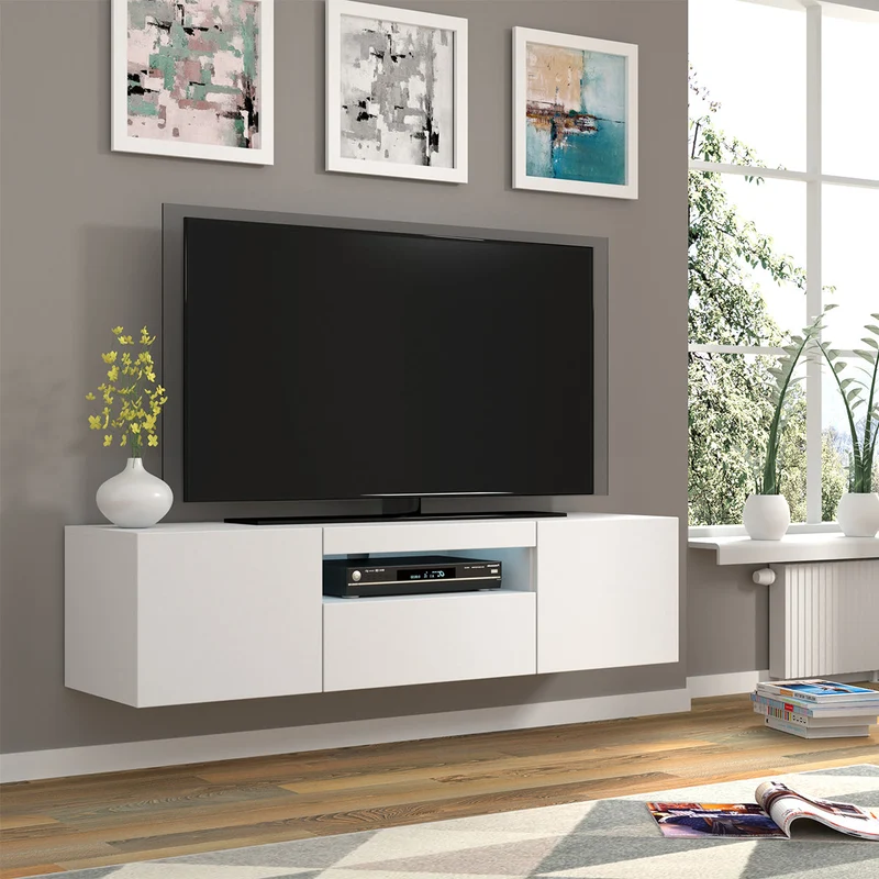 Meuble TV mural 3 portes 150 cm LED Aurus Blanc