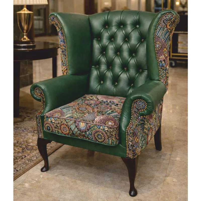 Casa Padrino Luxus Chesterfield Leder Ohrensessel Grün / Bunt / Dunkelbraun H. 110 cm