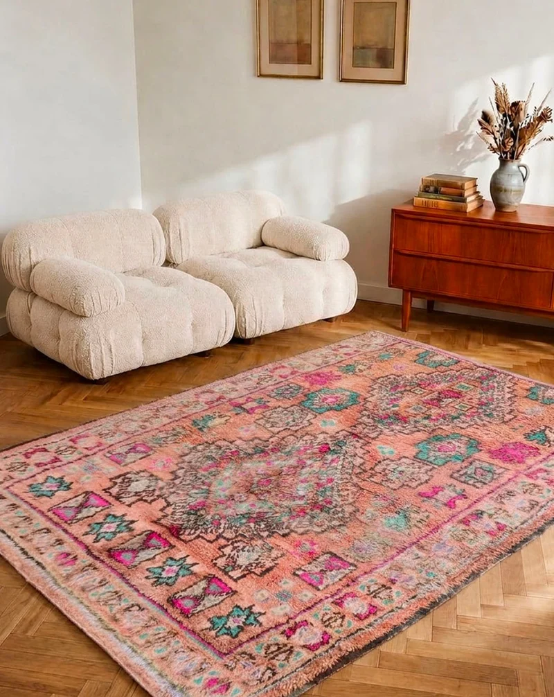 Olivier, le grand tapis de l'Atlas en laine rose et bleu N°45