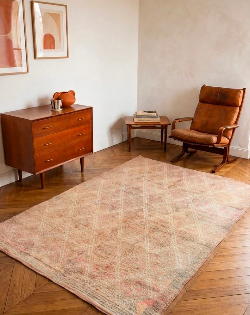 Olivier, le grand tapis de l'Atlas vert et rose en laine N°38
