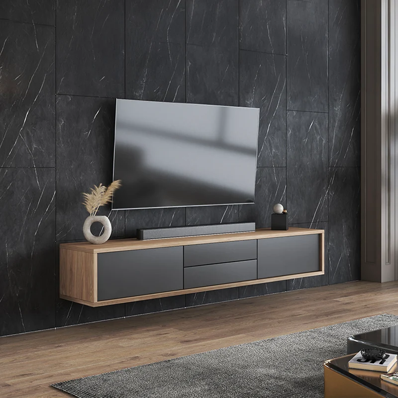 Meuble TV mural 2 portes 2 tiroirs 180 cm Idra Bois et Gris