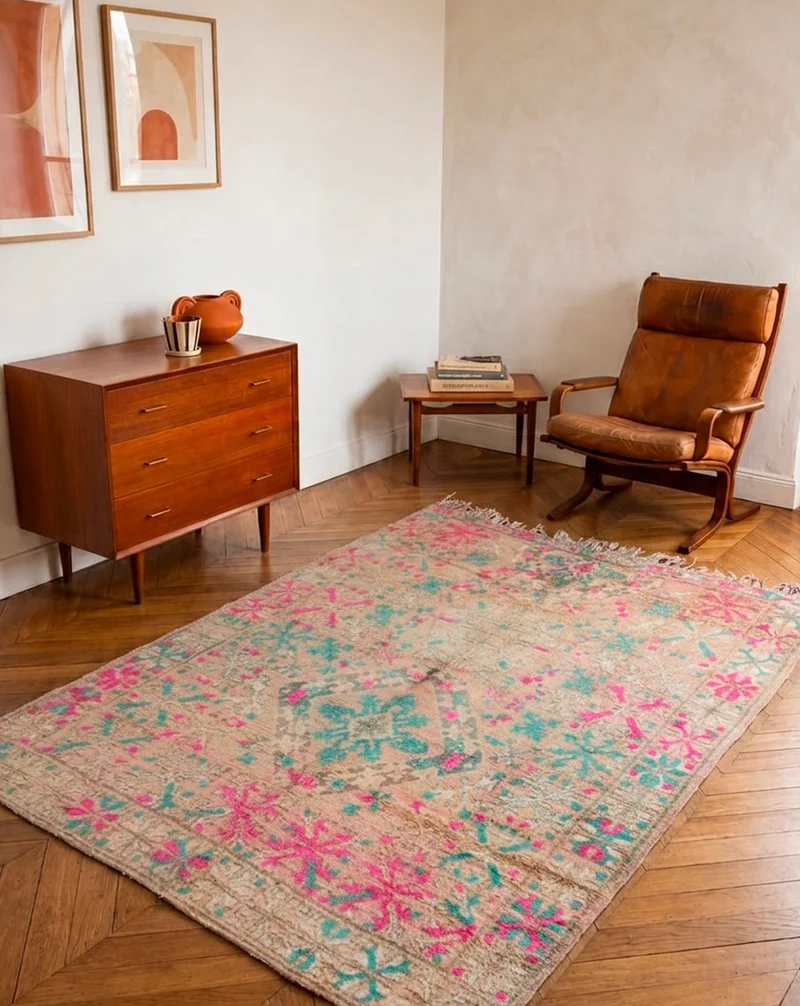 Olivier, le grand tapis de l'Atlas en laine rose et bleu N°35