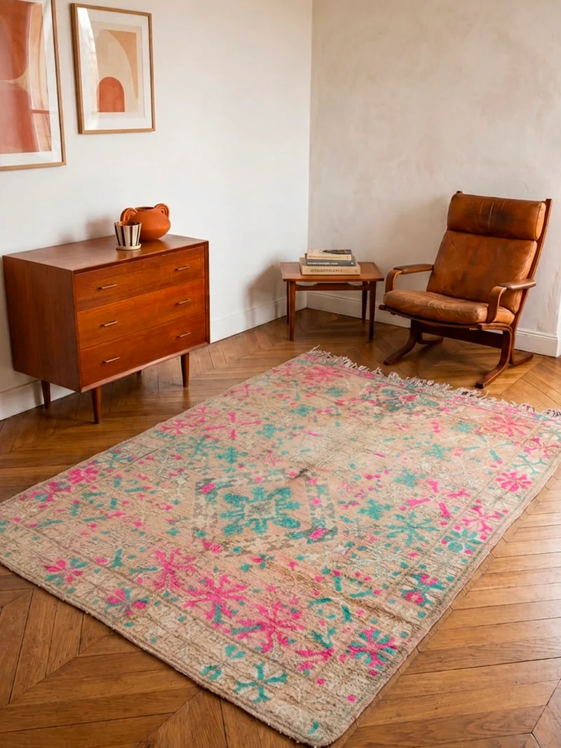 Olivier, le grand tapis de l'Atlas en laine rose et bleu N°35
