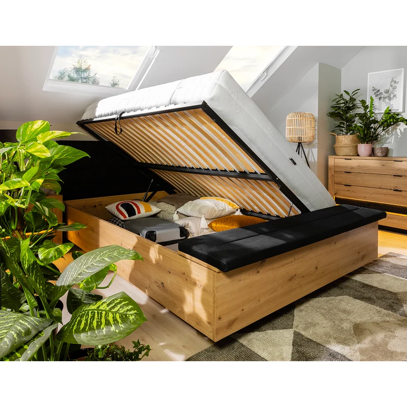 Lit coffre 140x200 avec banc et sommier inclus Glenn Bois et Noir