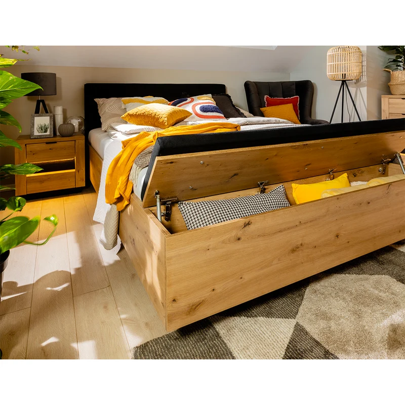 Lit coffre 140x200 avec banc et sommier inclus Glenn Bois et Noir