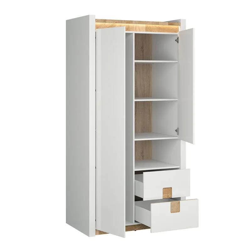 Armoire 2 portes 2 tiroirs 1 niche avec LED Helios Blanc laqué et Bois