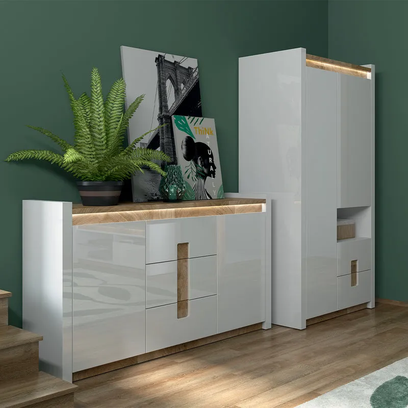 Armoire 2 portes 2 tiroirs 1 niche avec LED Helios Blanc laqué et Bois