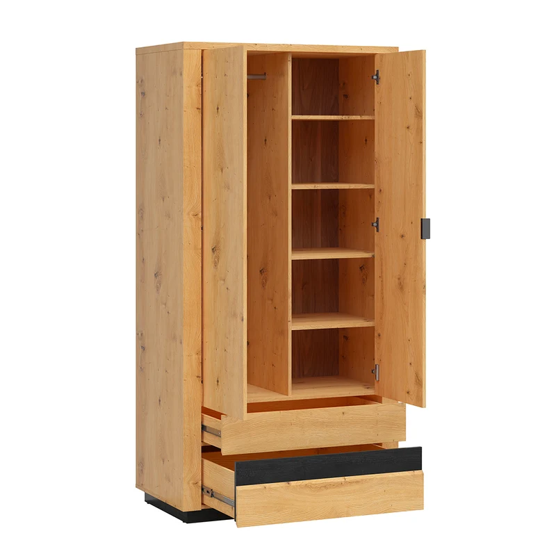 Armoire 2 portes 2 tiroirs avec LED Glenn Bois et Noir