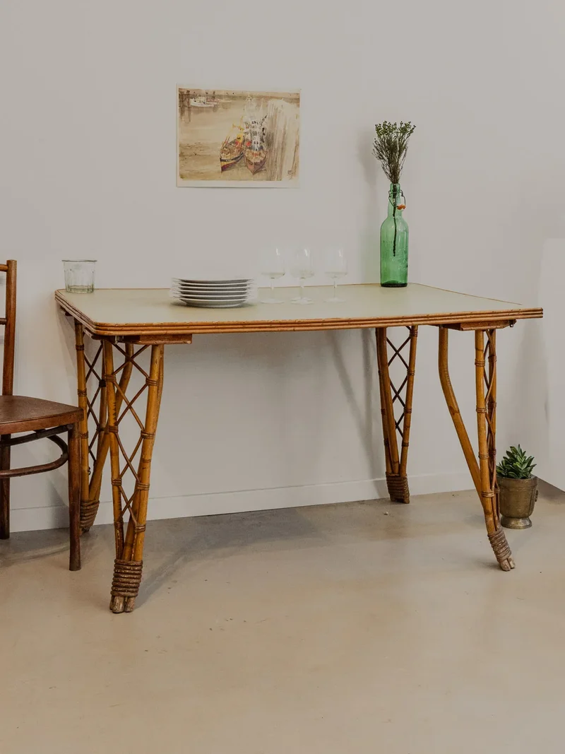 Romy, la table à manger en rotin et vert d'eau N°1296