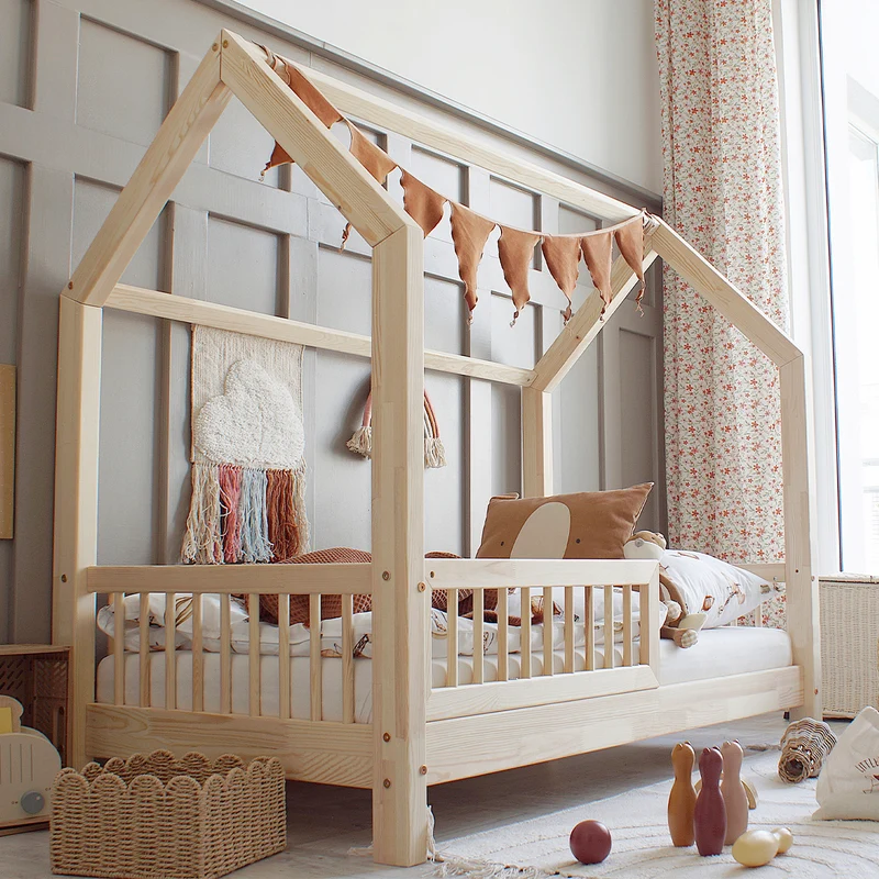 Lit cabane 90x190 barrière et sommier inclus pieds 10 cm Sofia Bois