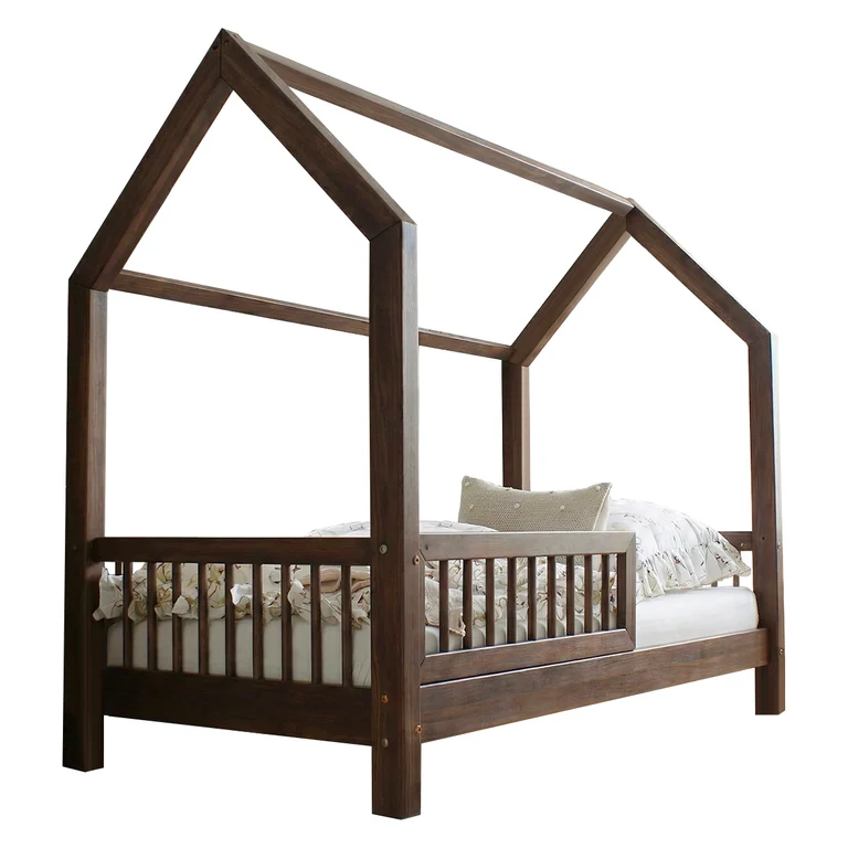 Lit cabane 90x190 barrière et sommier inclus pieds 10 cm Sofia Bois foncé
