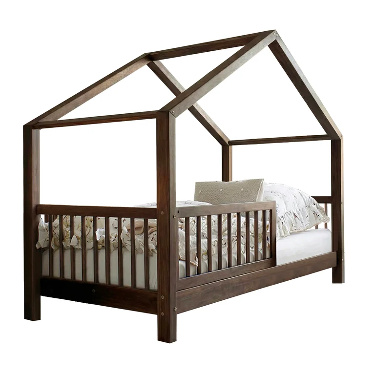 Lit cabane 90x190 barrière et sommier inclus pieds 10 cm Rosalie Bois foncé