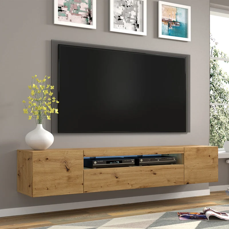 Meuble TV mural 3 portes 200 cm LED Aurus Bois