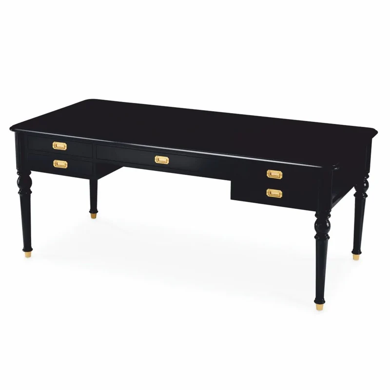 Casa Padrino Luxus Barock Schreibtisch Schwarz / Messing 185 cm - Barock Büro Möbel