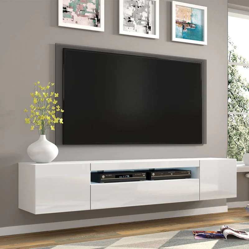 Meuble TV mural 3 portes 200 cm LED Aurus Blanc