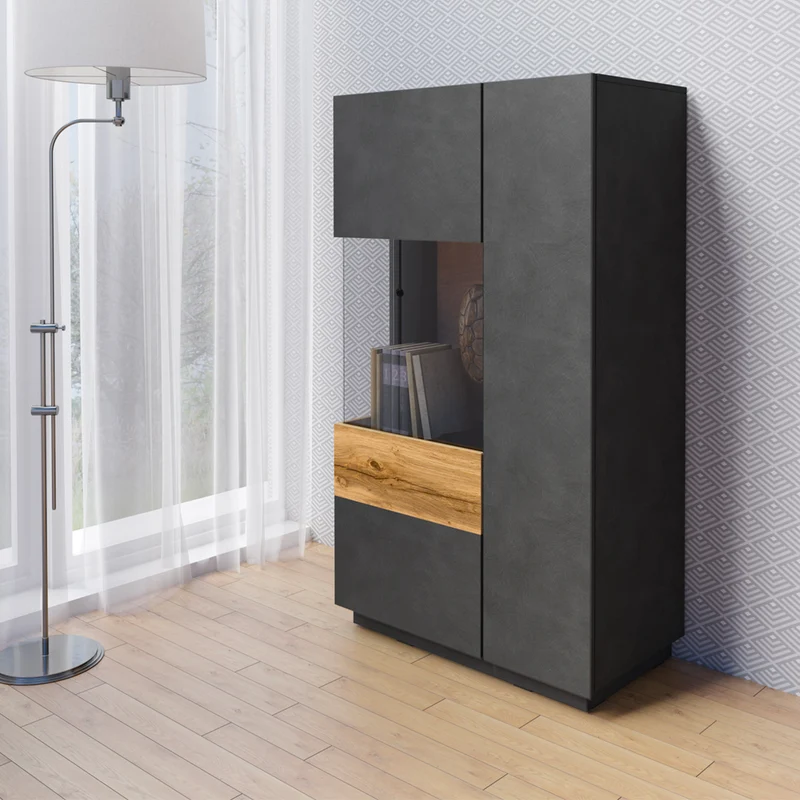 Vaisselier 2 portes ouverture gauche Andrea Gris anthracite et Bois