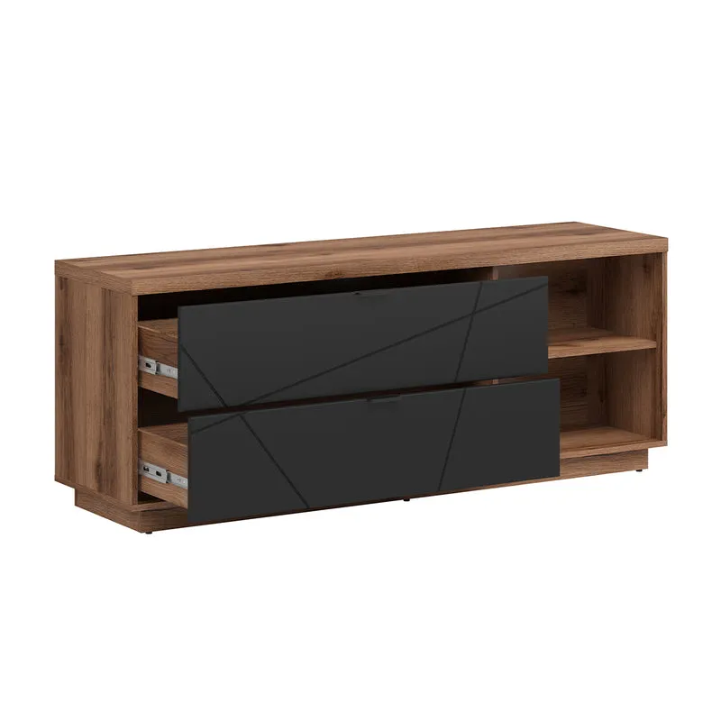 Meuble TV 2 tiroirs 2 niches 156 cm Sven Noir et Bois