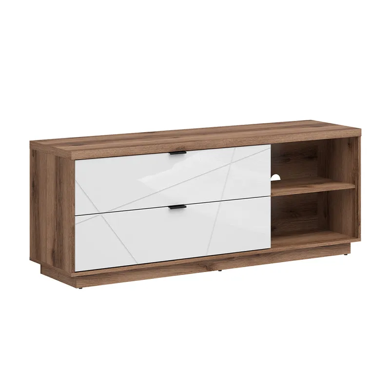 Meuble TV 2 tiroirs 2 niches 156 cm Sven Blanc et Bois