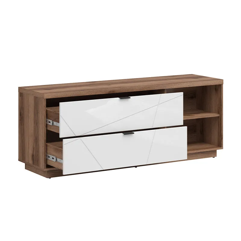 Meuble TV 2 tiroirs 2 niches 156 cm Sven Blanc et Bois
